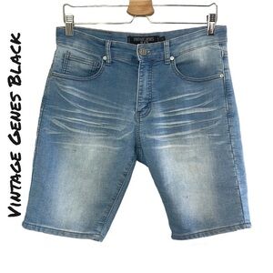 Vintage Genes Black Slim Fit Blue Medium Wash Bermuda Denim Shorts Size W30